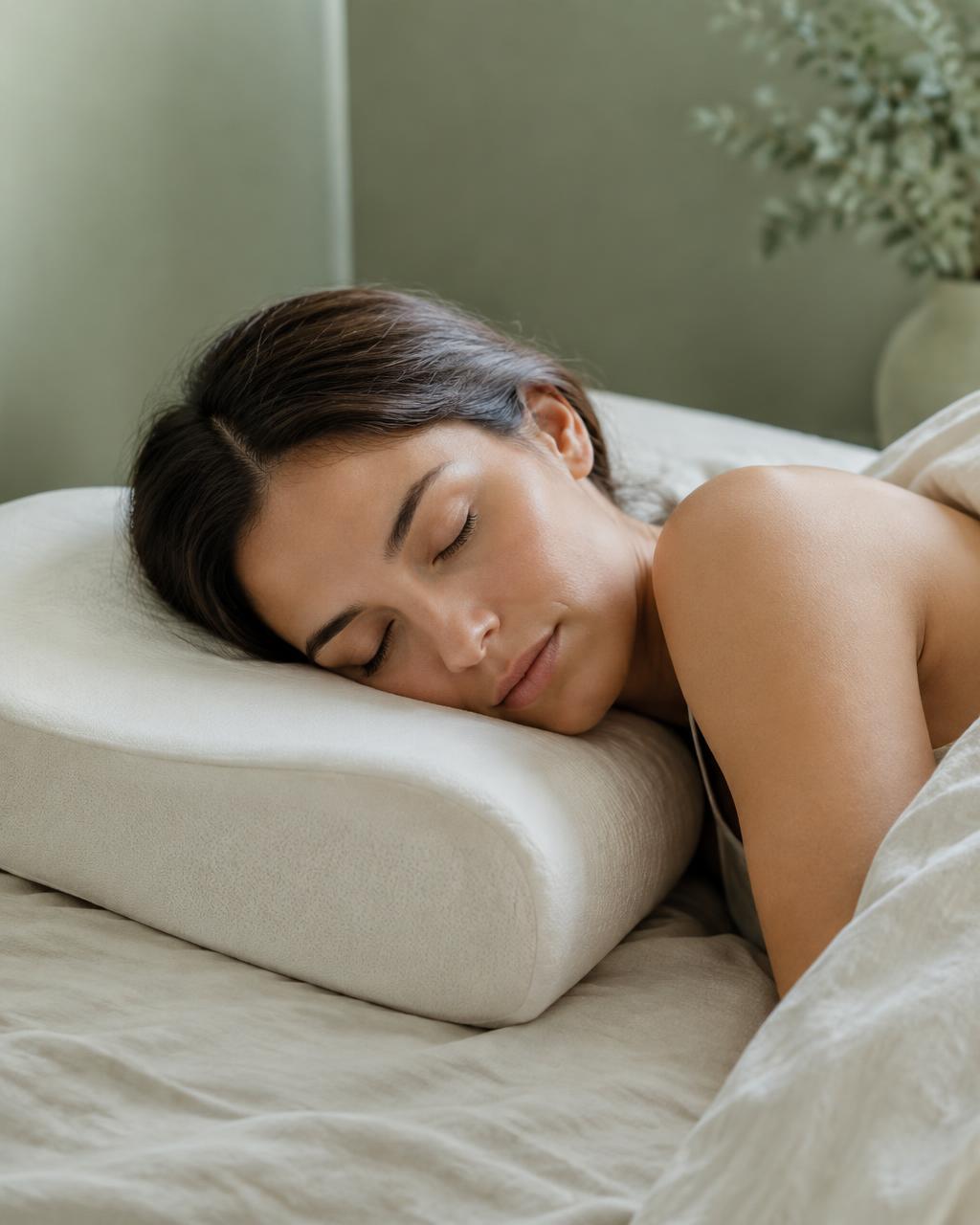 Woman sleeping peacefully on a contour memory foam pillow